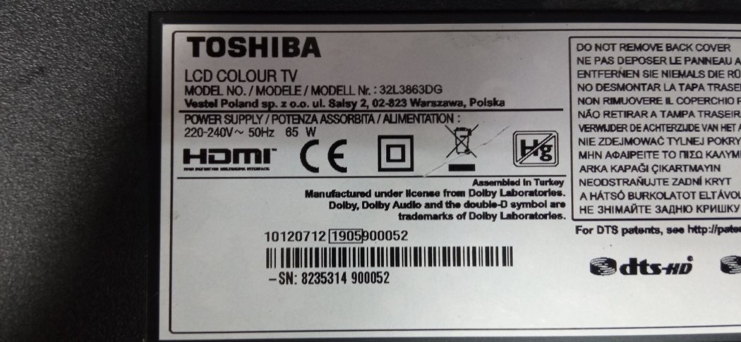 TK222 TOSHIBA 32L3863DG 10120712